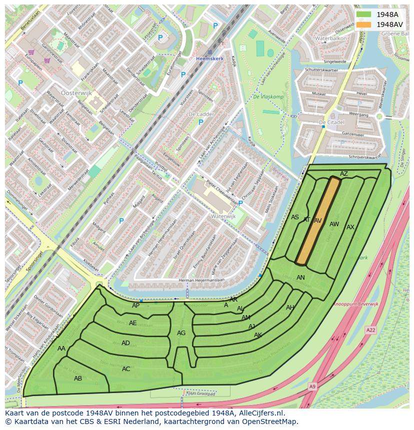 Afbeelding van het postcodegebied 1948 AV op de kaart.