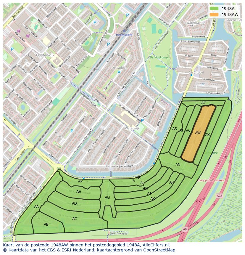 Afbeelding van het postcodegebied 1948 AW op de kaart.