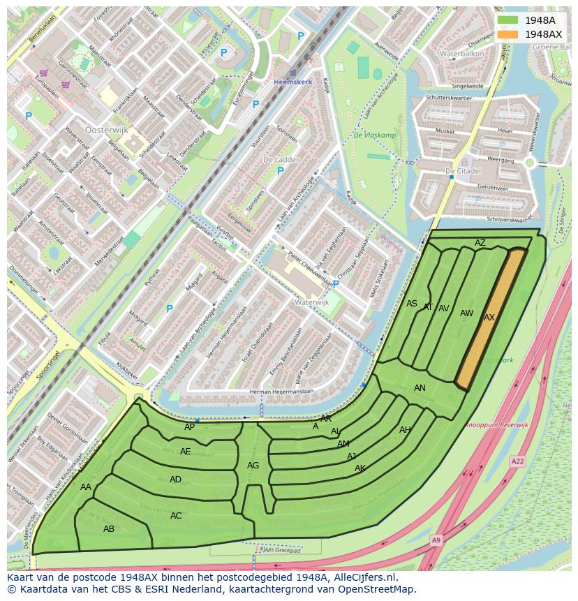 Afbeelding van het postcodegebied 1948 AX op de kaart.