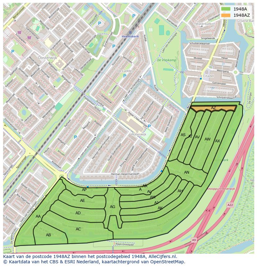 Afbeelding van het postcodegebied 1948 AZ op de kaart.