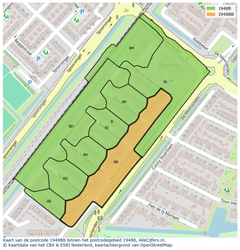 Afbeelding van het postcodegebied 1948 BB op de kaart.