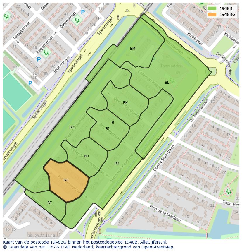 Afbeelding van het postcodegebied 1948 BG op de kaart.