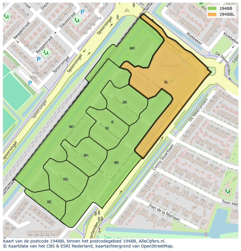 Afbeelding van het postcodegebied 1948 BL op de kaart.