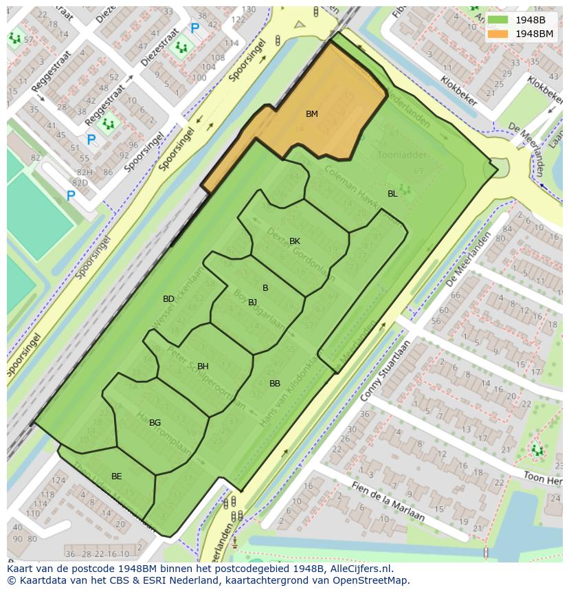 Afbeelding van het postcodegebied 1948 BM op de kaart.