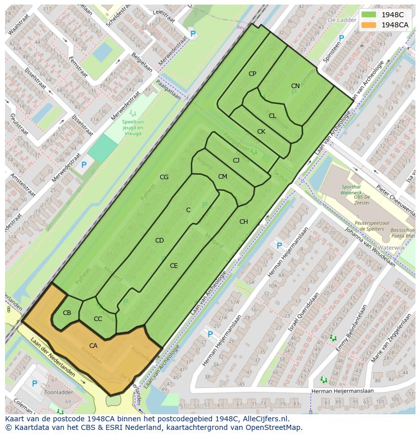 Afbeelding van het postcodegebied 1948 CA op de kaart.