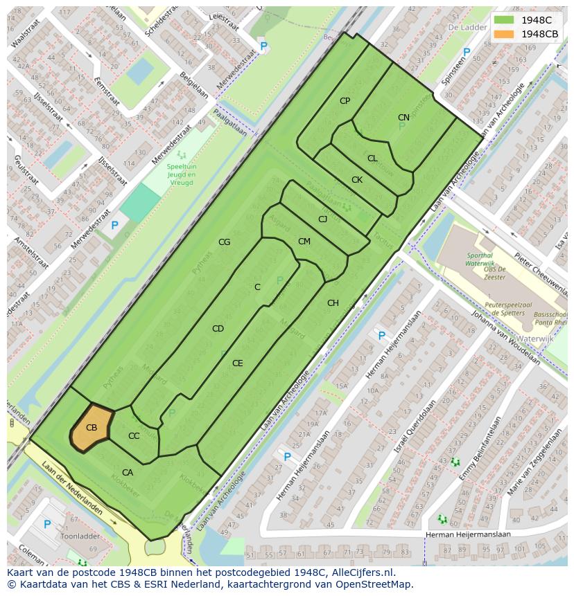 Afbeelding van het postcodegebied 1948 CB op de kaart.