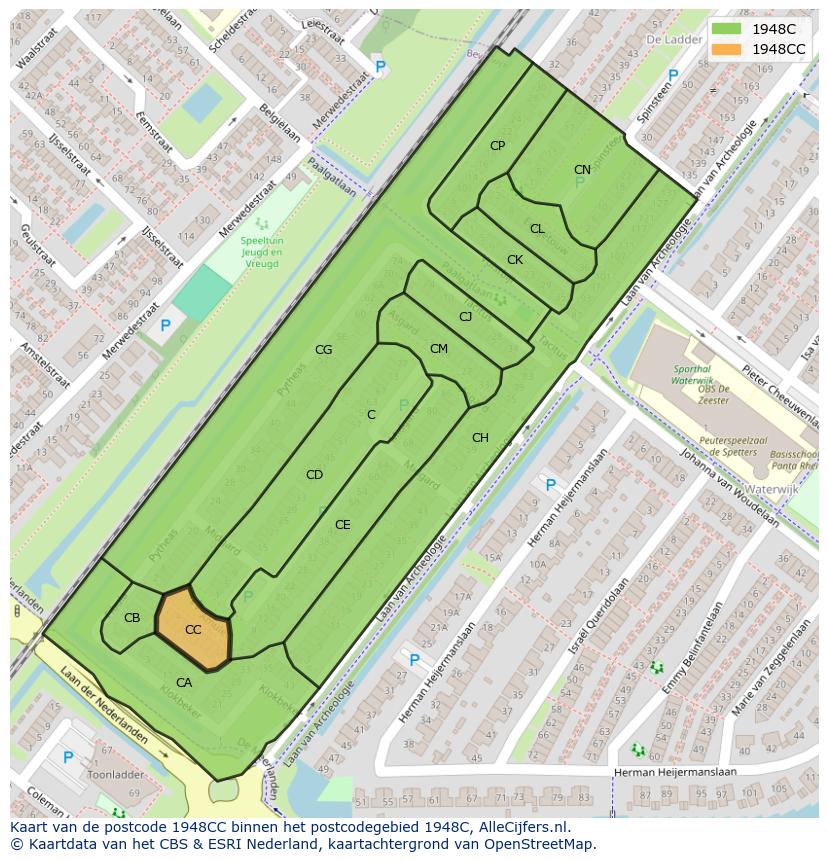 Afbeelding van het postcodegebied 1948 CC op de kaart.