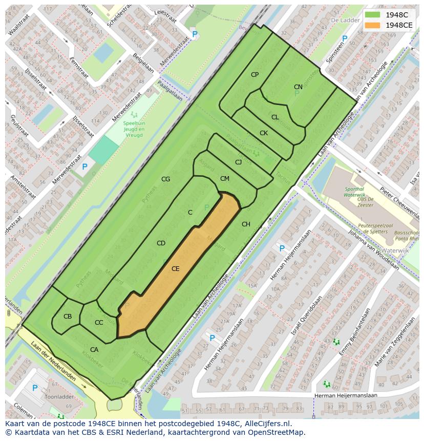 Afbeelding van het postcodegebied 1948 CE op de kaart.
