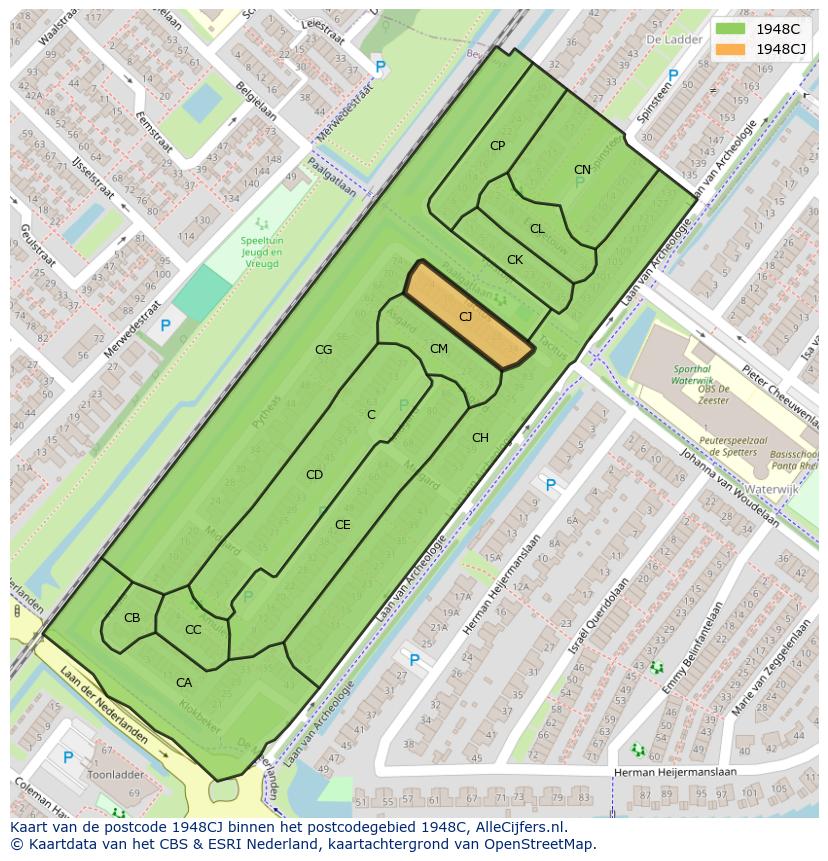 Afbeelding van het postcodegebied 1948 CJ op de kaart.