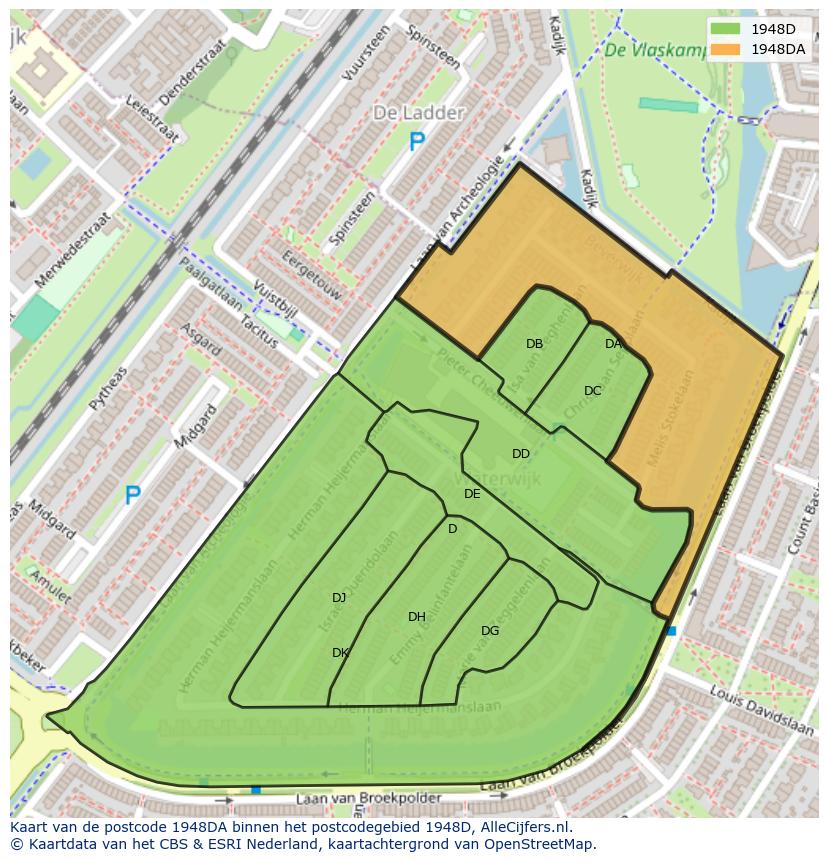 Afbeelding van het postcodegebied 1948 DA op de kaart.