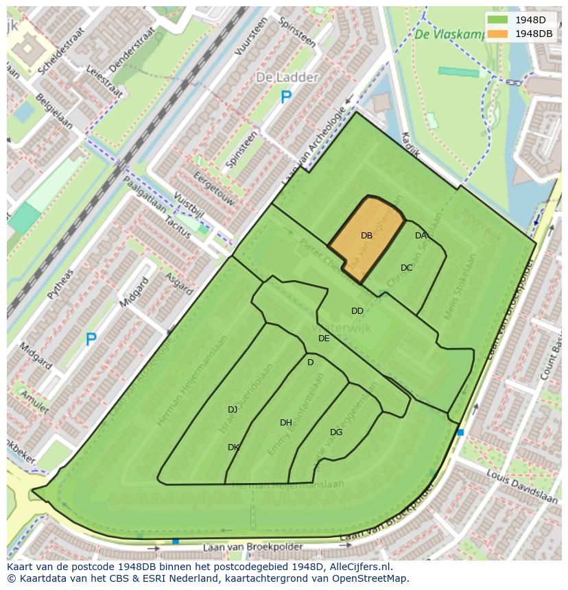 Afbeelding van het postcodegebied 1948 DB op de kaart.