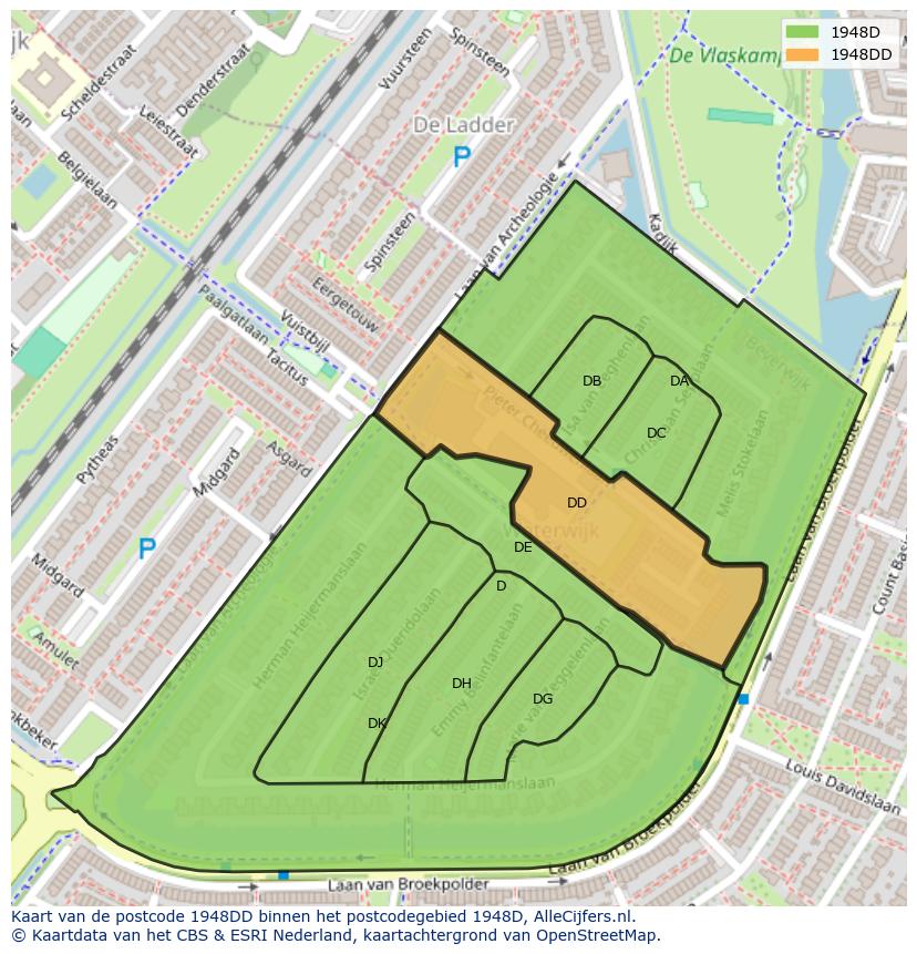 Afbeelding van het postcodegebied 1948 DD op de kaart.