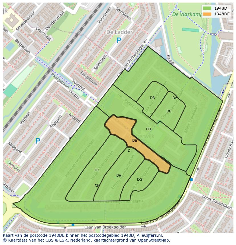 Afbeelding van het postcodegebied 1948 DE op de kaart.