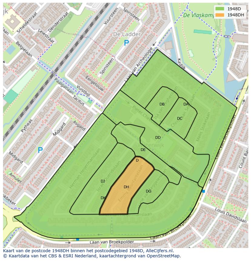 Afbeelding van het postcodegebied 1948 DH op de kaart.