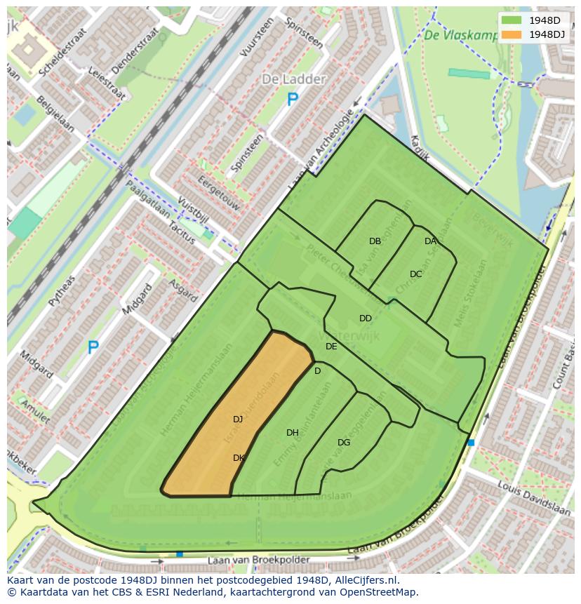 Afbeelding van het postcodegebied 1948 DJ op de kaart.