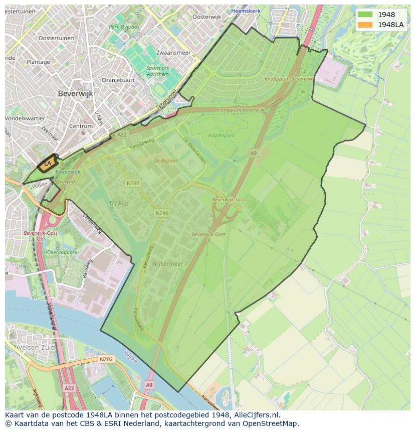 Afbeelding van het postcodegebied 1948 LA op de kaart.