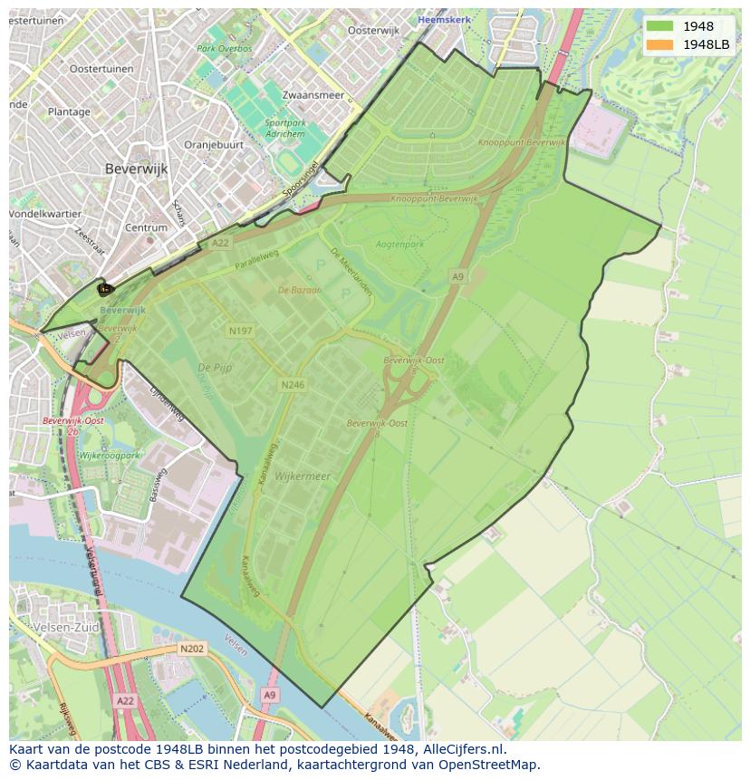 Afbeelding van het postcodegebied 1948 LB op de kaart.