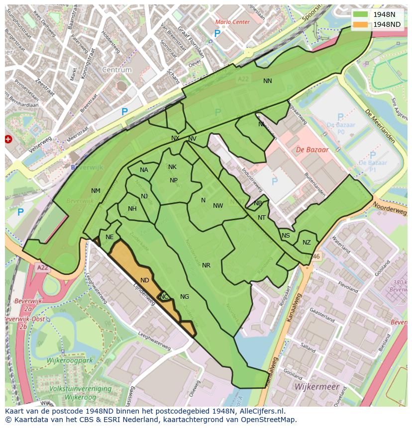 Afbeelding van het postcodegebied 1948 ND op de kaart.