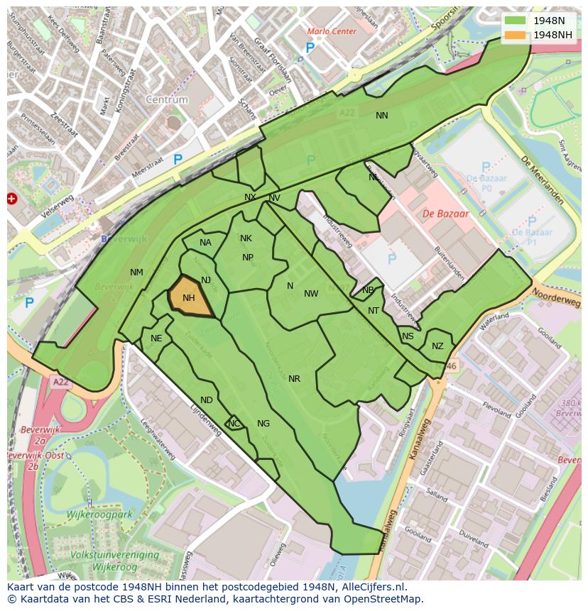 Afbeelding van het postcodegebied 1948 NH op de kaart.