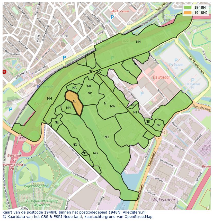 Afbeelding van het postcodegebied 1948 NJ op de kaart.