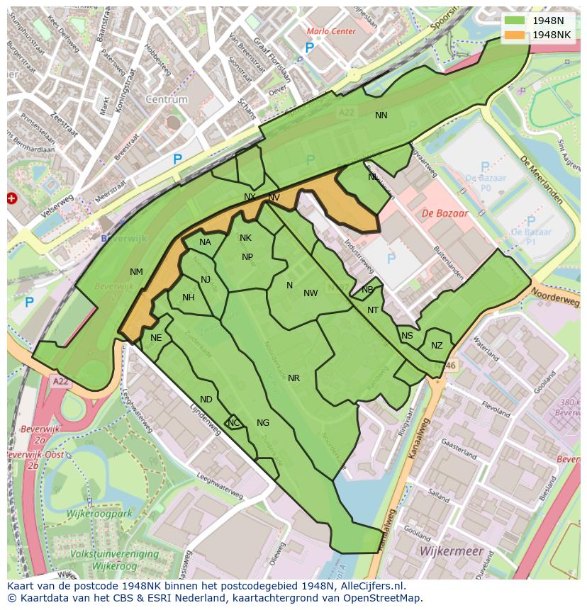Afbeelding van het postcodegebied 1948 NK op de kaart.