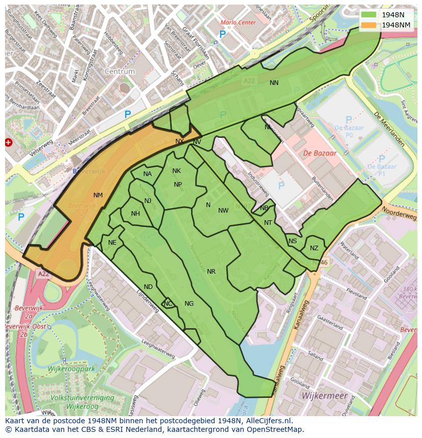 Afbeelding van het postcodegebied 1948 NM op de kaart.