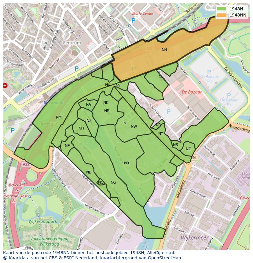 Afbeelding van het postcodegebied 1948 NN op de kaart.