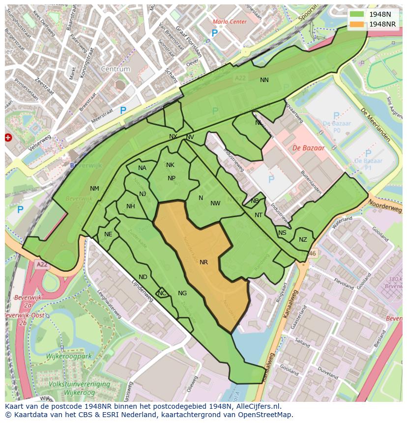 Afbeelding van het postcodegebied 1948 NR op de kaart.