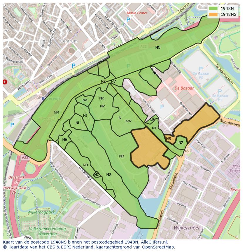 Afbeelding van het postcodegebied 1948 NS op de kaart.