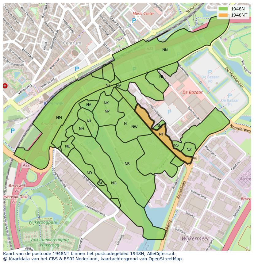 Afbeelding van het postcodegebied 1948 NT op de kaart.