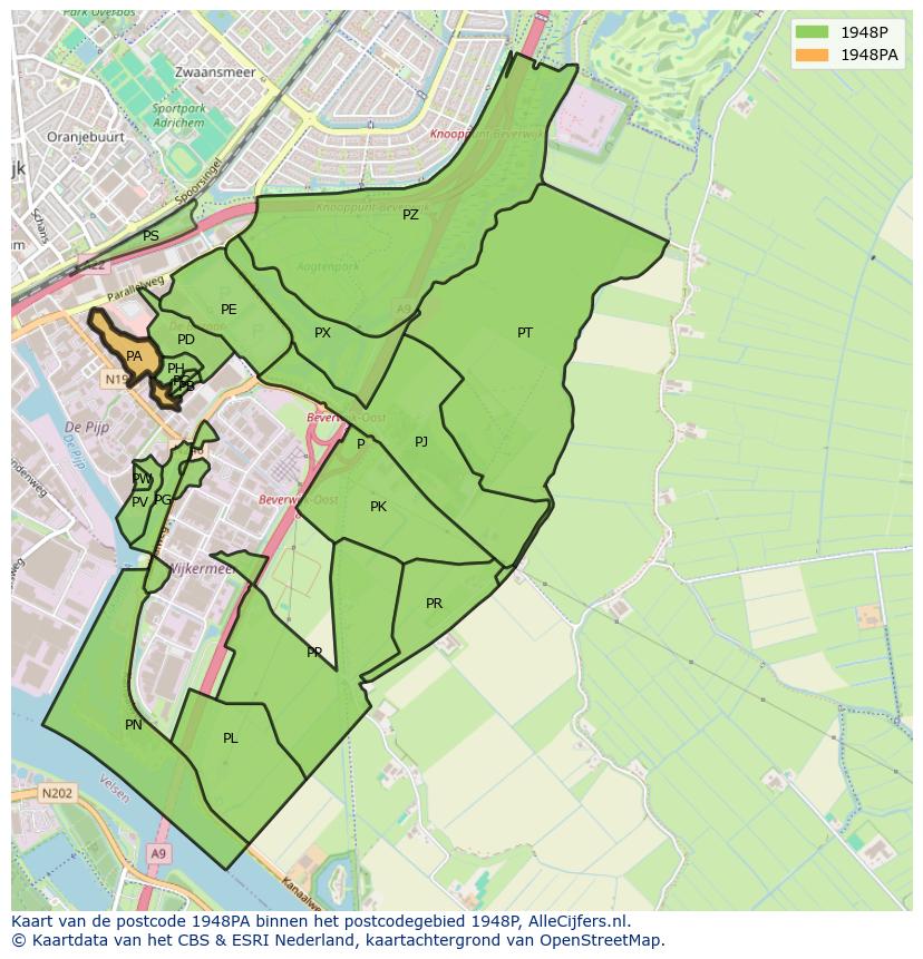 Afbeelding van het postcodegebied 1948 PA op de kaart.