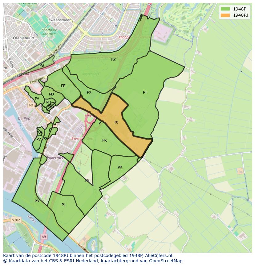 Afbeelding van het postcodegebied 1948 PJ op de kaart.