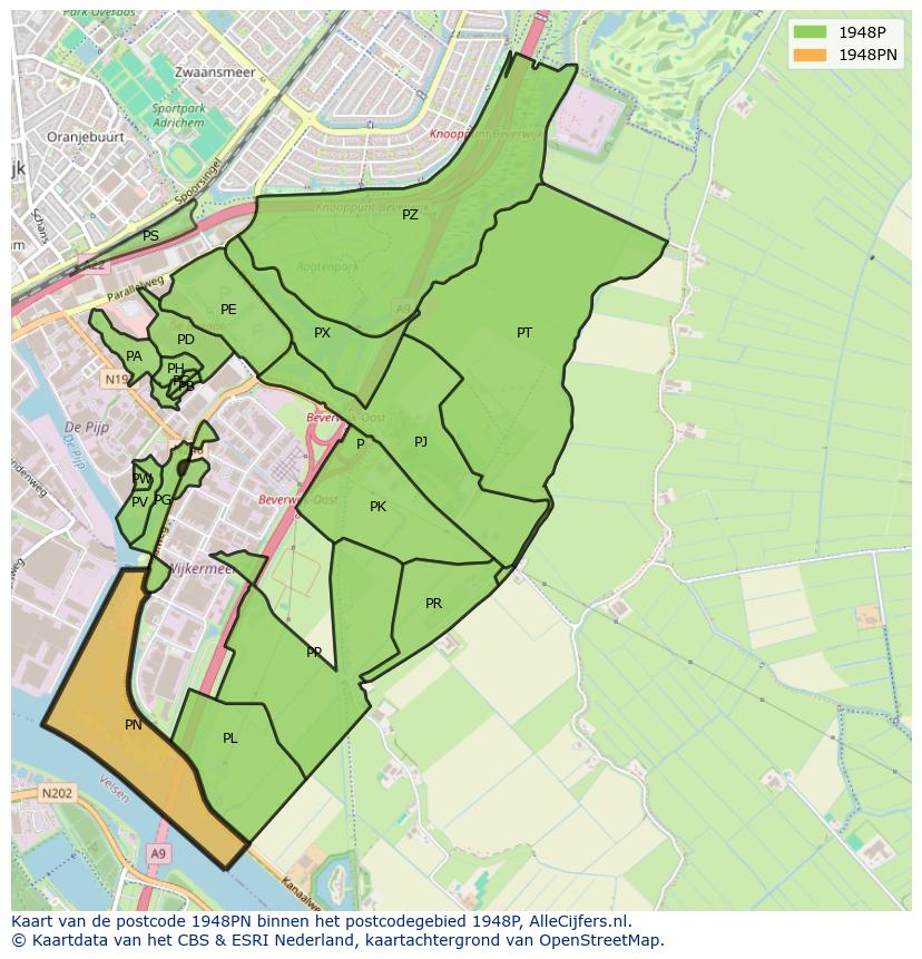 Afbeelding van het postcodegebied 1948 PN op de kaart.