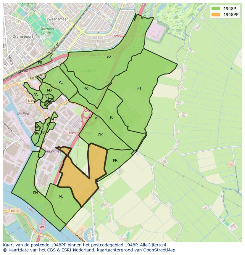 Afbeelding van het postcodegebied 1948 PP op de kaart.