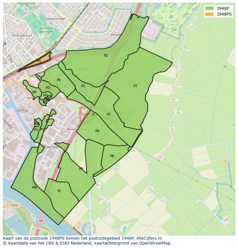 Afbeelding van het postcodegebied 1948 PS op de kaart.