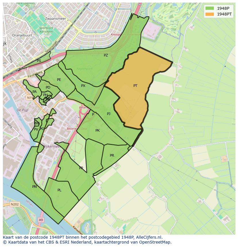 Afbeelding van het postcodegebied 1948 PT op de kaart.