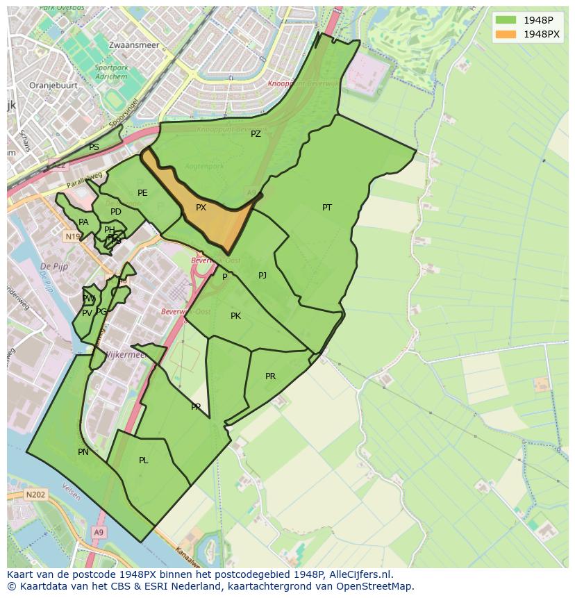 Afbeelding van het postcodegebied 1948 PX op de kaart.