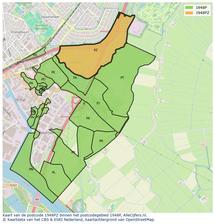 Afbeelding van het postcodegebied 1948 PZ op de kaart.