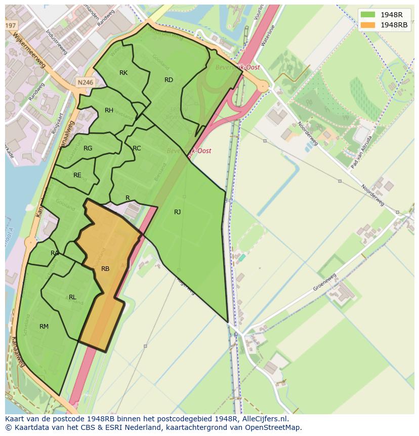 Afbeelding van het postcodegebied 1948 RB op de kaart.