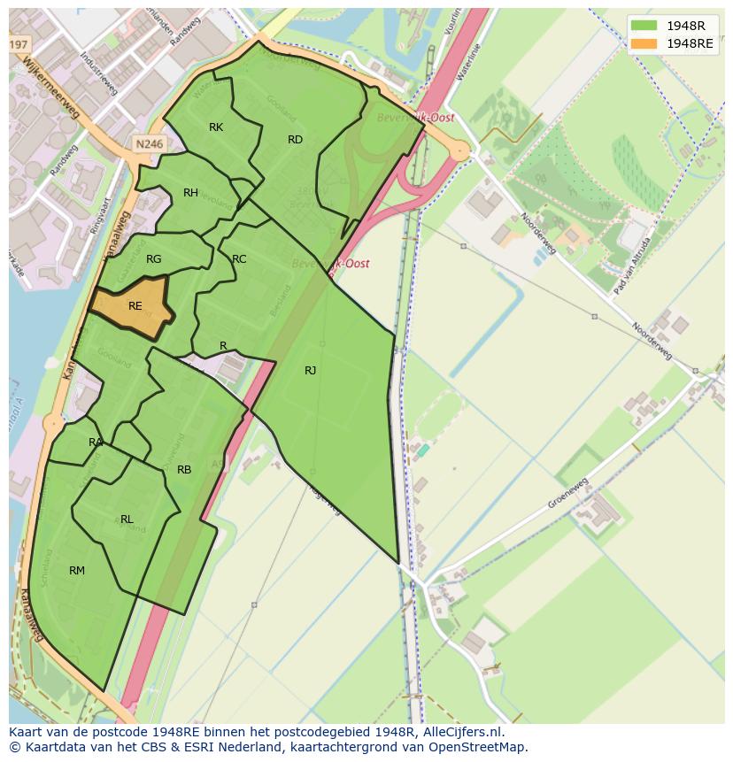 Afbeelding van het postcodegebied 1948 RE op de kaart.