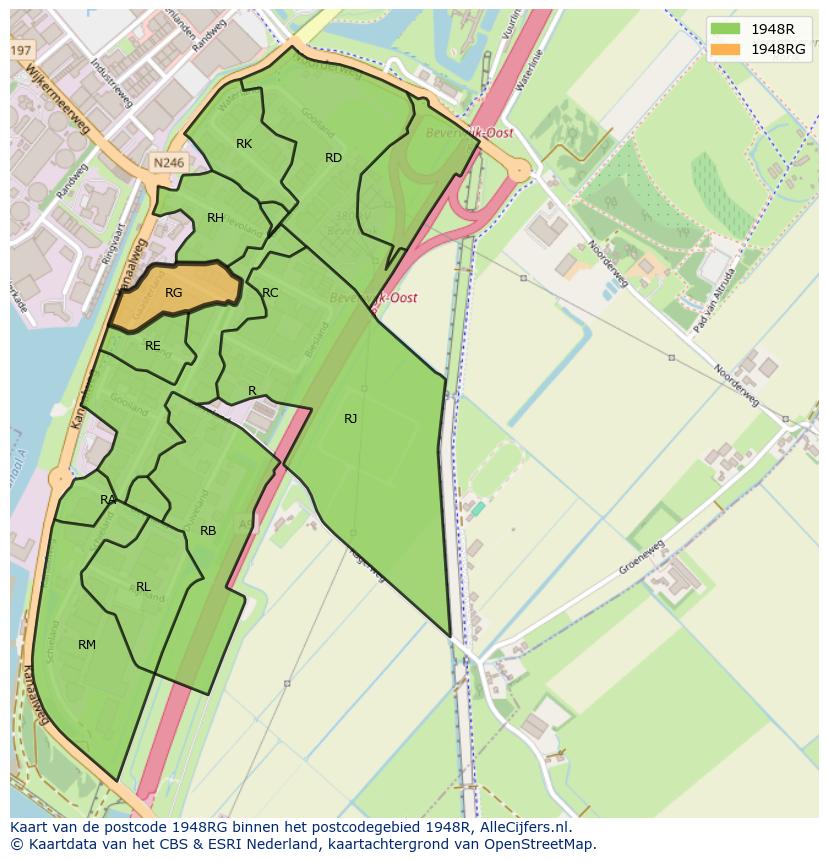 Afbeelding van het postcodegebied 1948 RG op de kaart.