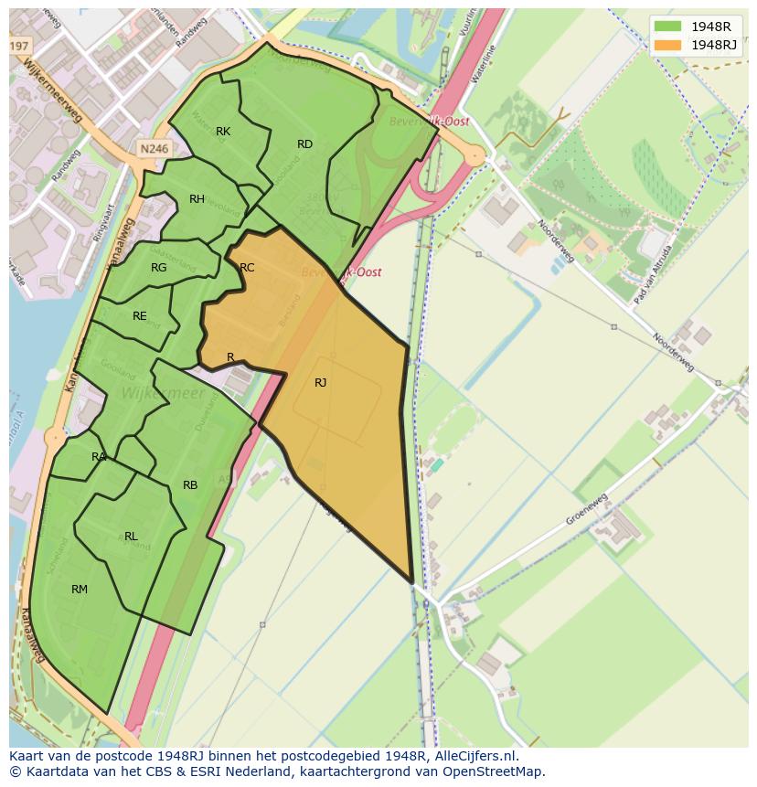 Afbeelding van het postcodegebied 1948 RJ op de kaart.