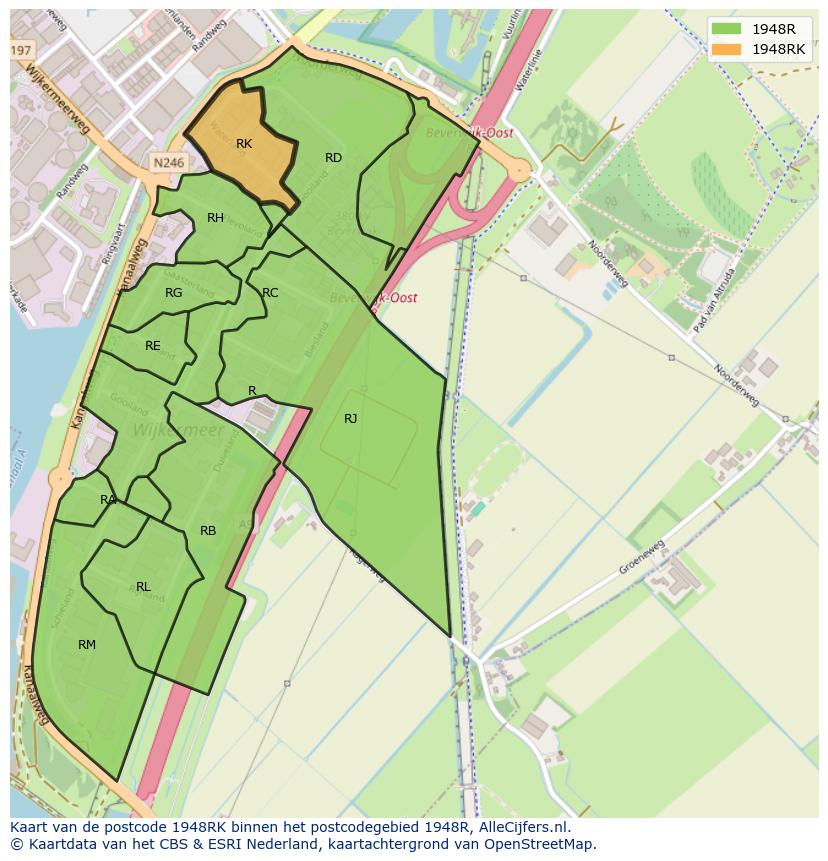 Afbeelding van het postcodegebied 1948 RK op de kaart.