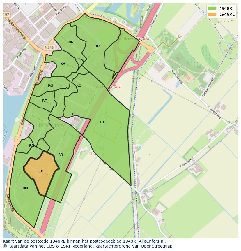 Afbeelding van het postcodegebied 1948 RL op de kaart.