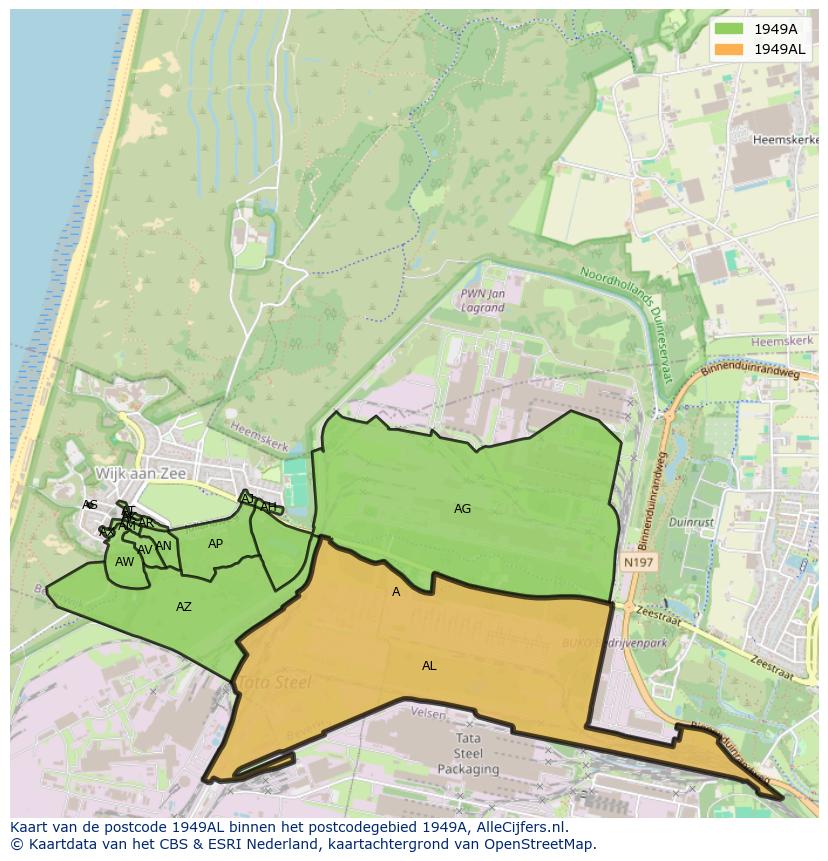 Afbeelding van het postcodegebied 1949 AL op de kaart.