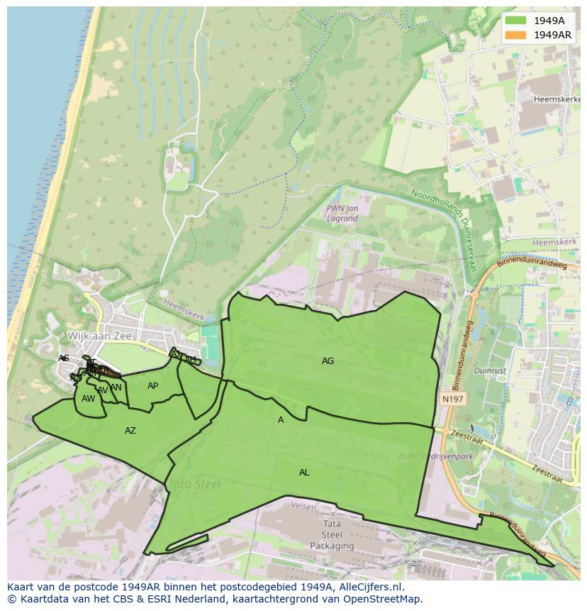 Afbeelding van het postcodegebied 1949 AR op de kaart.