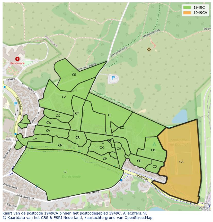 Afbeelding van het postcodegebied 1949 CA op de kaart.