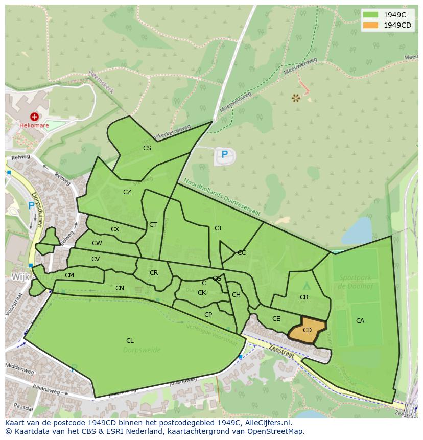Afbeelding van het postcodegebied 1949 CD op de kaart.