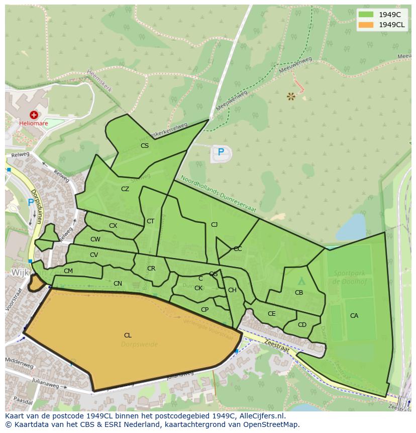 Afbeelding van het postcodegebied 1949 CL op de kaart.