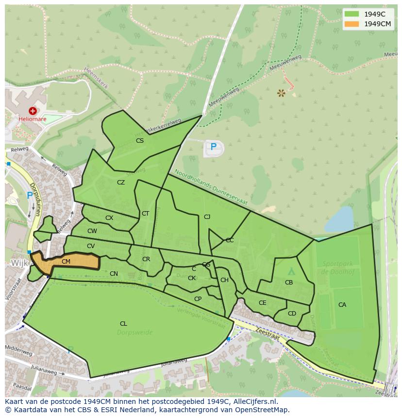 Afbeelding van het postcodegebied 1949 CM op de kaart.